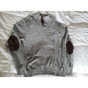 Chaps Sweater Mens Large Black 1/4 Button Long Sleeve Elbow Patches Gray Knit